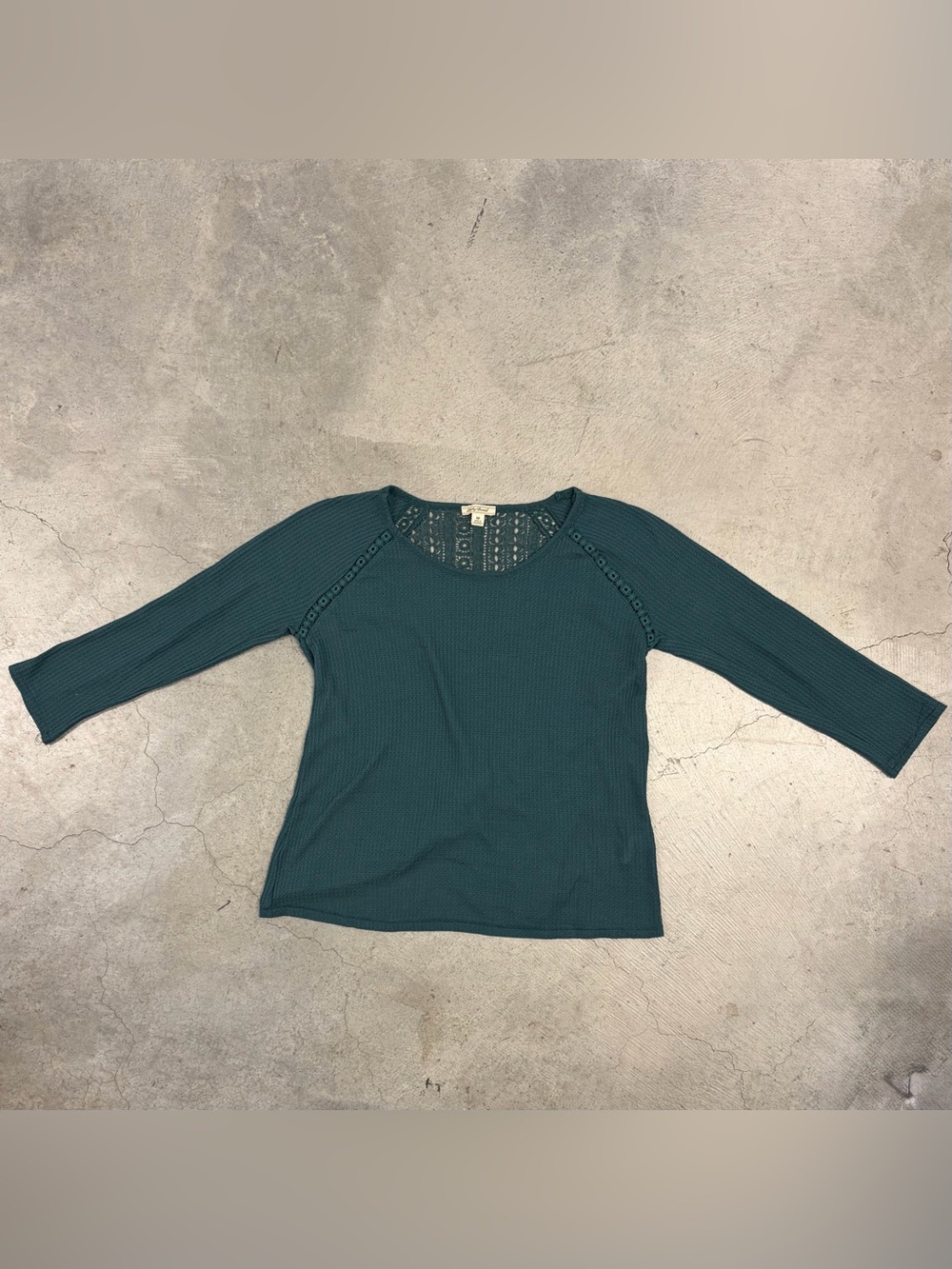 Lucky Brand Teal Long-Sleeve Waffle Knit Top with Lace Yoke